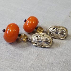 Vintage Karen Roache clip on Egyptian Scarab and Carnelian Earrings